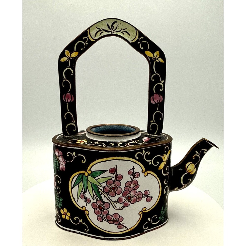 Vtg Mini Enamel Teapot Hand-Painted Flowers, Collectible, Kelvin Chen #311